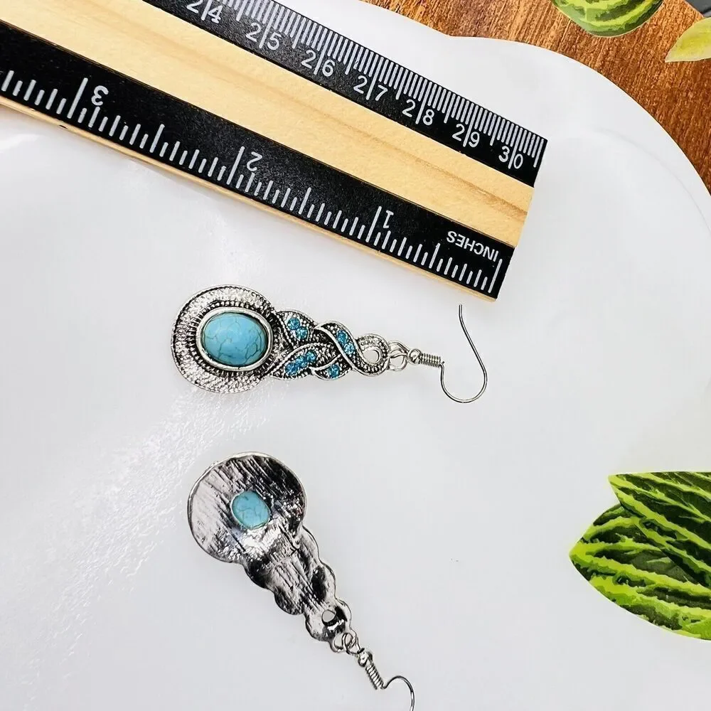 Teal Blue Faux Turquoise Ribbon Braided Rhinestone Silver Tone Dangle Earrings
